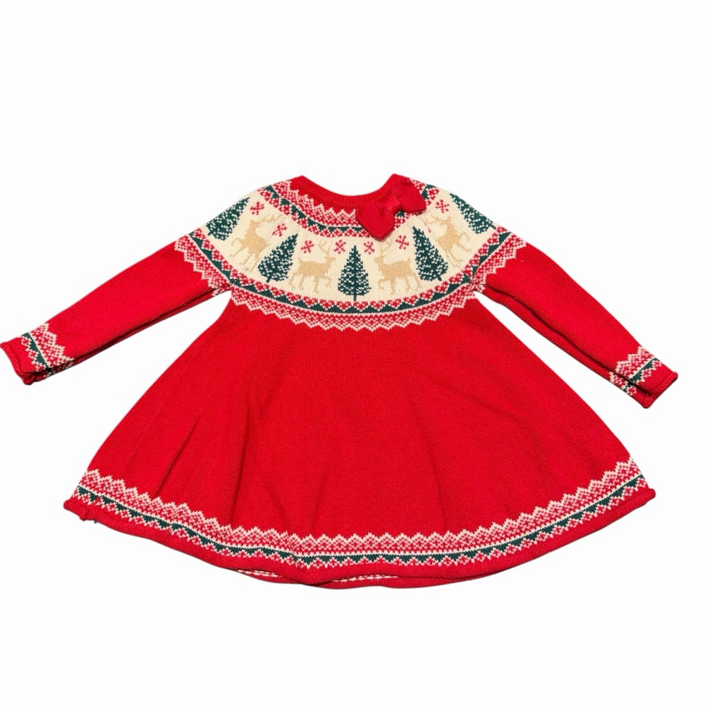 Tahari Baby Girl Fair Isle Knit Christmas Tree Dress Sz 18 Month Embroidery Red